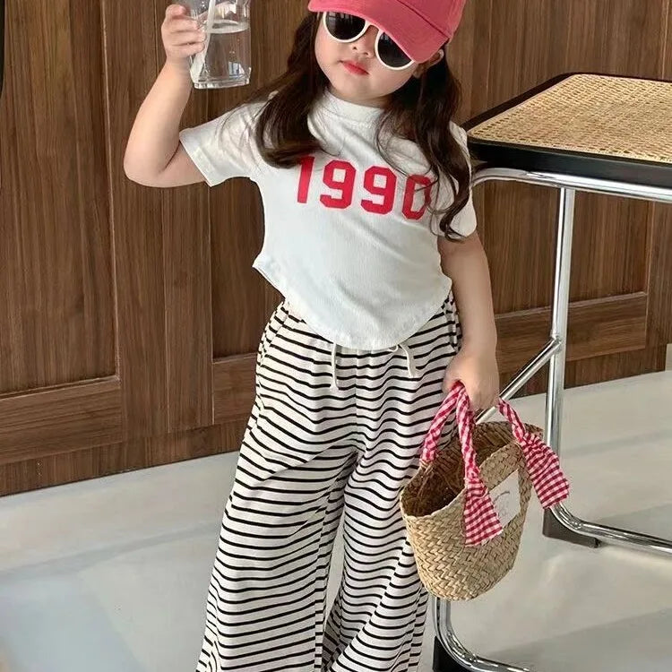 Children's Clothing Sets Digital Printed Short Sleeve Top + Striped Wide Leg Pants Kids Clothes 2 To 7Years Baby Girl Outfit Set Good Vibrations