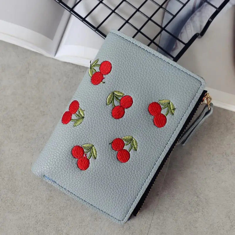 Women Vertical Buckle Cherry Embroidered Small Short Wallet Simple Wallet Girls Zipper Purse Good Vibrations