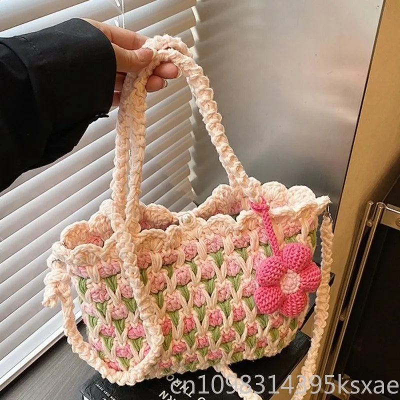 Crochet Crossbody Bag for Women Girl Handmade Color Block Handbag Lightweight Casual Summer Daily Purse Good Vibrations