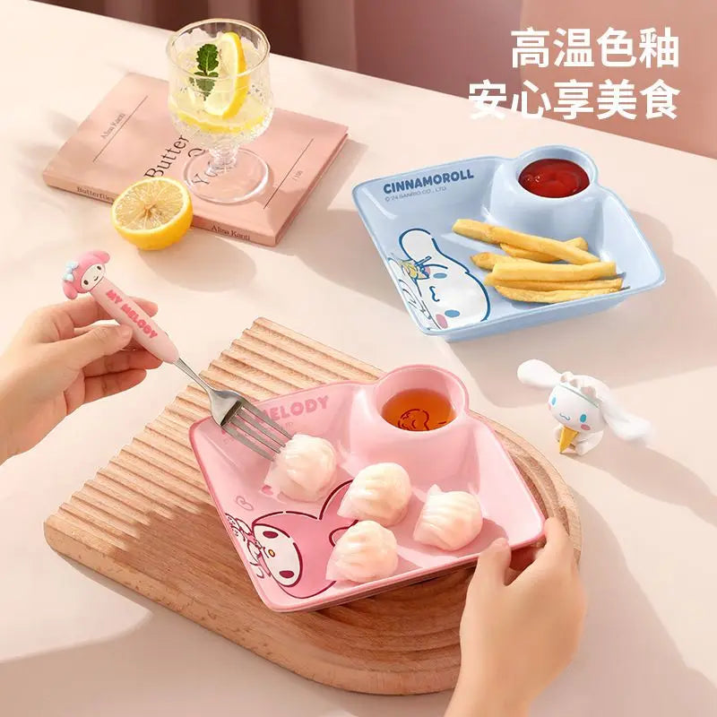 Cute Cartoon Sanrioed My Melody Hellokitty Cinnamoroll Ceramic Dumpling Plate with Vinegar Dish for Children's Breakfast At Home Good Vibrations