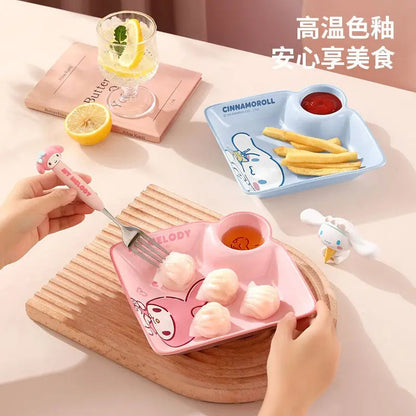 Cute Cartoon Sanrioed My Melody Hellokitty Cinnamoroll Ceramic Dumpling Plate with Vinegar Dish for Children's Breakfast At Home Good Vibrations