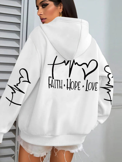 Faith Hope Love Letter Graphic Printed Women Hoodies Fleece Harajuku Hoody Casual Loose Y2K Clothes Pocket Autumn Pullover Good Vibrations