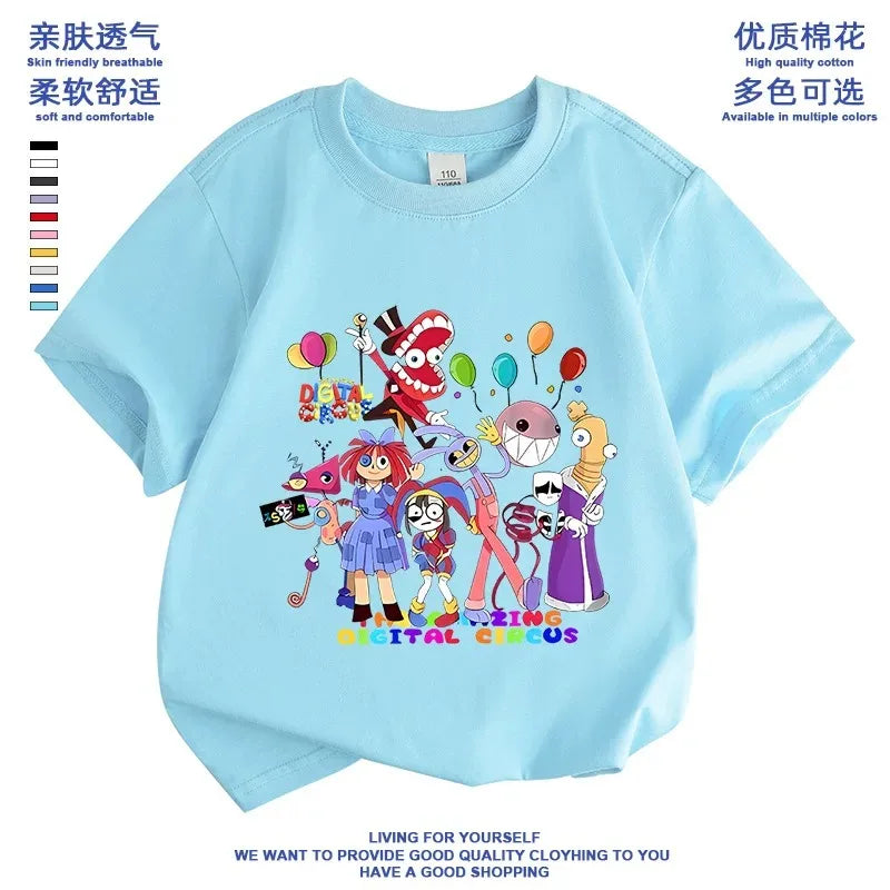 2026 Pure cotton boys and girls' short-sleeved T-shirt summer children's clothing cartoon magic digital circus children's top Good Vibrations
