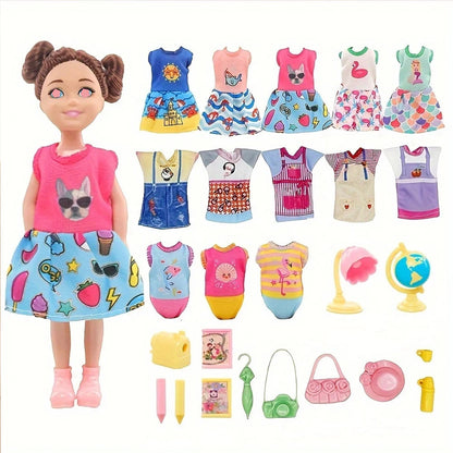 26pcs Fashion Doll Outfit Set for 5.5" Dolls - Includes 5 Dresses, 5 T-Shirt Dresses 3 Swimsuits & 13 Mini Accessories Gift Toy Good Vibrations
