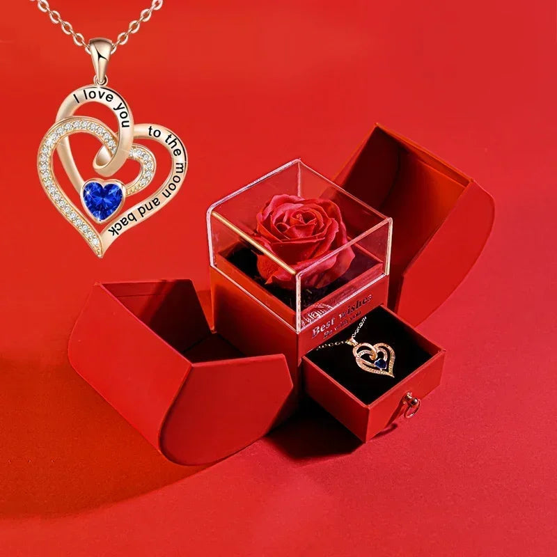 Gift for Women Eternal Rose Gift Box /w Heart Necklace I Love You To The Moon and Back Flower Jewelry Box for Wedding Birthday Good Vibrations
