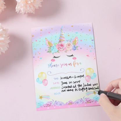12pcs Invitation Card Unicorn Rainbow Balloon Envelope Card Girl Unicorn Theme Party Invitation Happy Birthday Party Decoration Good Vibrations
