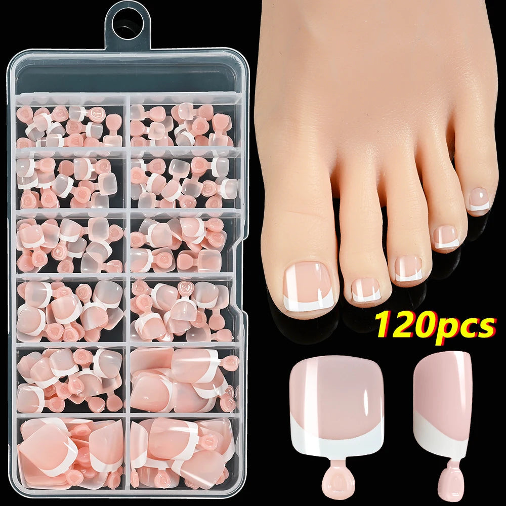 120Pcs French Short Square Artificial Press On Toenails Nude Pink Full Cover False Toe Nails Fake Toe Nail Extension For Women Good Vibrations