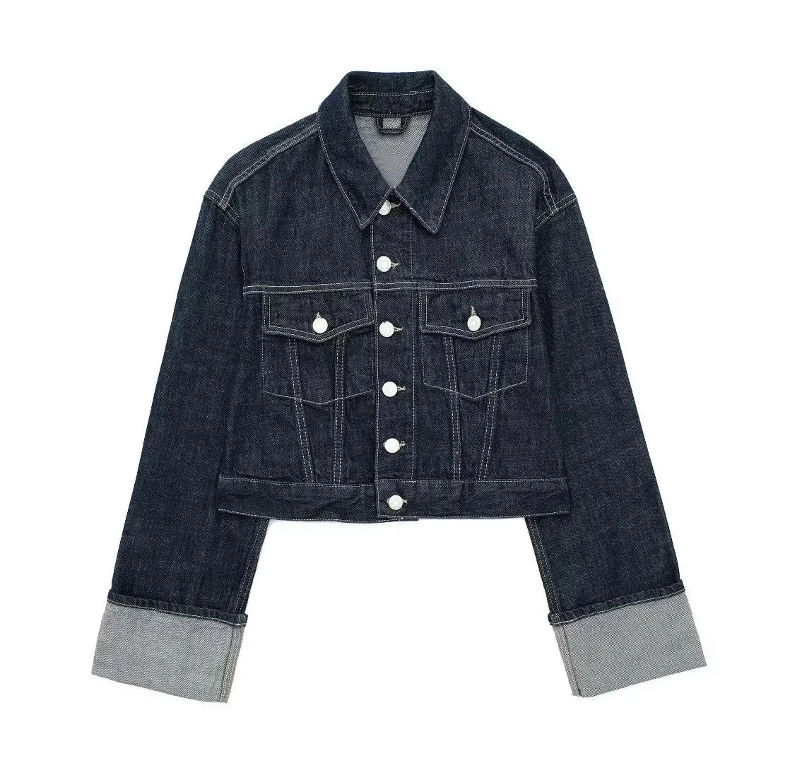 HH Women Fashion Denim Set Casual Lapel Long Sleeve Crop Jacket Buttons Female Vintage Wide Leg Loose Jeans Long Pants Good Vibrations