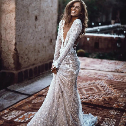 FATAPAESE Customized Wedding Dress Gorgeous Hollow Lace V-Neck Appliques Dresses Sexy Open-Back Summer Beach Party Bridal Gown Good Vibrations