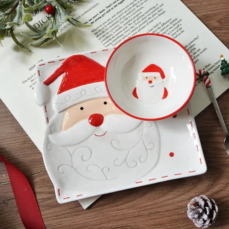 Christmas Hand-painted Ceramic Tableware Set Cute Christmas Steak Plate Embossed Underglaze Color Flat Plate Good Vibrations