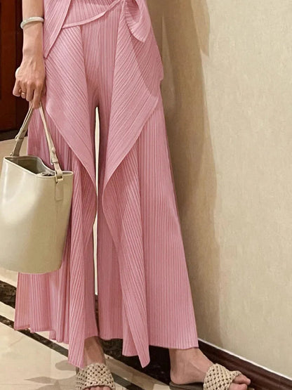 Women's Two-Piece Set: Pleated Blazer with Sleeveless Patchwork T-Shirt and Elasticated Waist Wide-Leg Stretch Trousers Good Vibrations