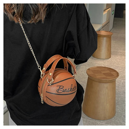 Women's Shoulder Bag PU Leather Chain Funny Round Basketball Letters Printed Youth Handbag Purse Fashion Crossbody Messenger Bag Good Vibrations