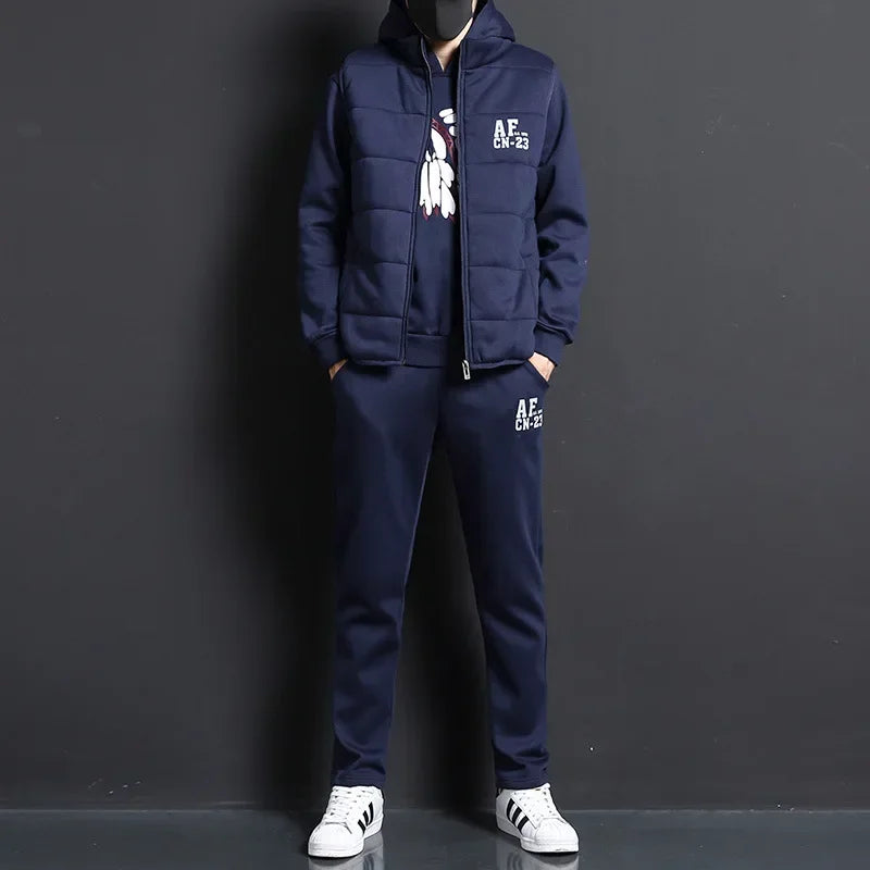 3 Pieces Set Hoodies+Vest+Pants Casual Men's Track Suit Clothing Coats Winter Thick Warm Tracksuit for Men Printed Mens Set Vest Good Vibrations