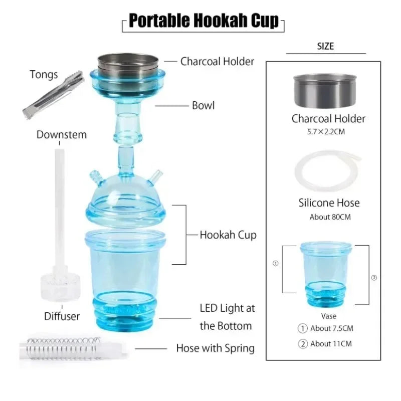 Portable hookah cup with components including charcoal holder, bowl, downstem, diffuser, LED light, and silicone hose, labeled in a diagram.