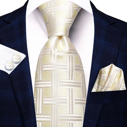 Hi-Tie Champagne Gold Striped Paisley Solid Men Silk Wedding Tie Fashion Design Necktie For Men Hanky Cufflink Business Party Good Vibrations