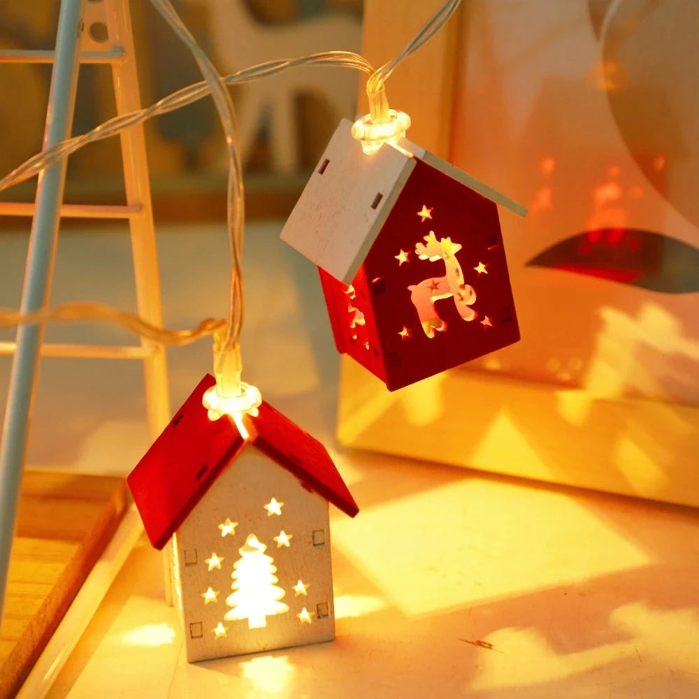 Christmas Wooden House LED String Light Xmas Tree Garland Home Fairy Lamp Merry Christmas Hanging Ornament 2025New Year Gift Noe Good Vibrations