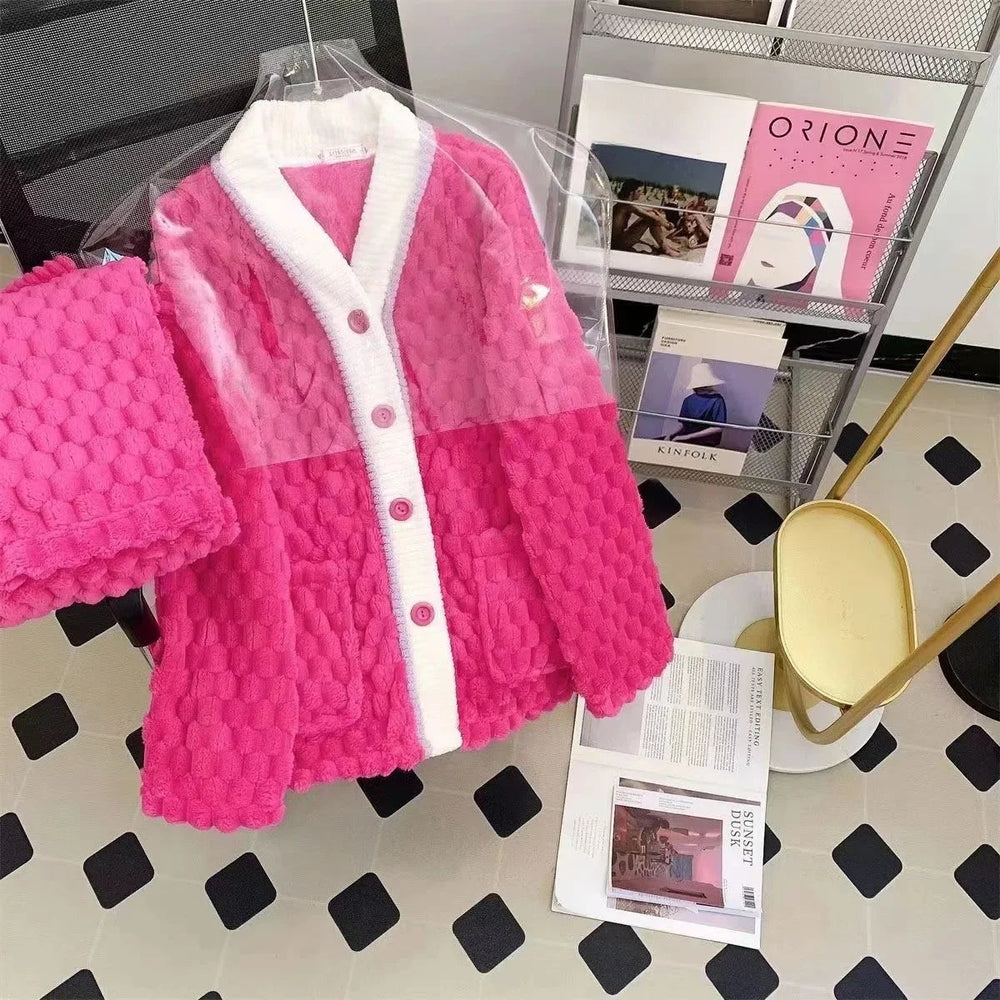 Autumn Winter Plush Sleepwear Women's Sweet Internet Famous INS Style Warm Long Sleeve Coral Fleece Home Clothes Set Good Vibrations
