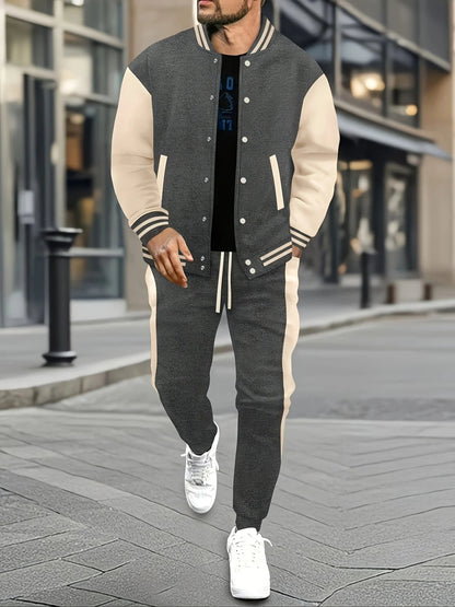 Men's Casual Baseball Jacket & Pants Color Block Polyester Button-Up with Belt Detail for Spring/Fall 1/2pieces Good Vibrations