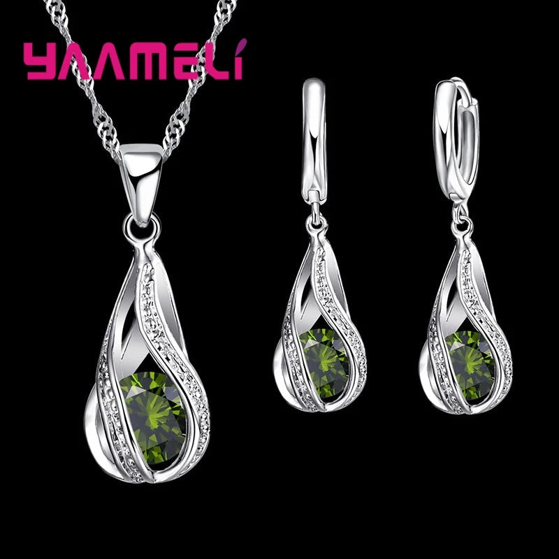 Hot Water Drop CZ 925 Sterling Silver Plated Jewelry Set For Women Pendant Necklace Hoop Earrings Wedding Party Ceremoey Anel Good Vibrations