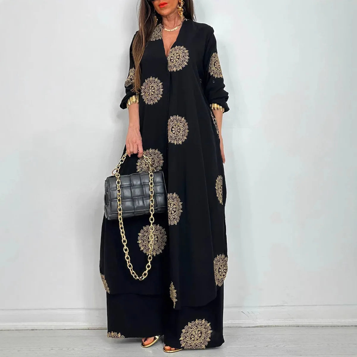 Robe Outfit Vintage Bohemia Loose Long Printed Robe Set Casual Button Shirt Blouses Wide Legs Pants Oversized Two-piece Outfit Good Vibrations