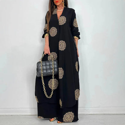 Robe Outfit Vintage Bohemia Loose Long Printed Robe Set Casual Button Shirt Blouses Wide Legs Pants Oversized Two-piece Outfit Good Vibrations