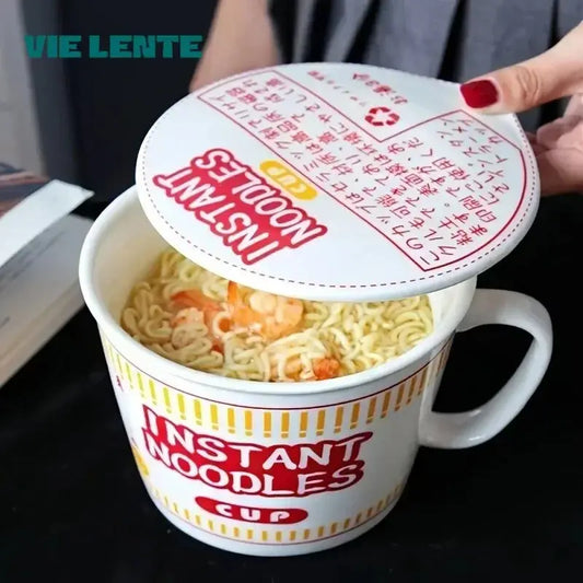 1pc Large Capacity Ceramic Instant Noodle Bowl with Cover，Perfect for Dorms and Home Kitchens - Keep Your Noodles Fresh and Warm Good Vibrations