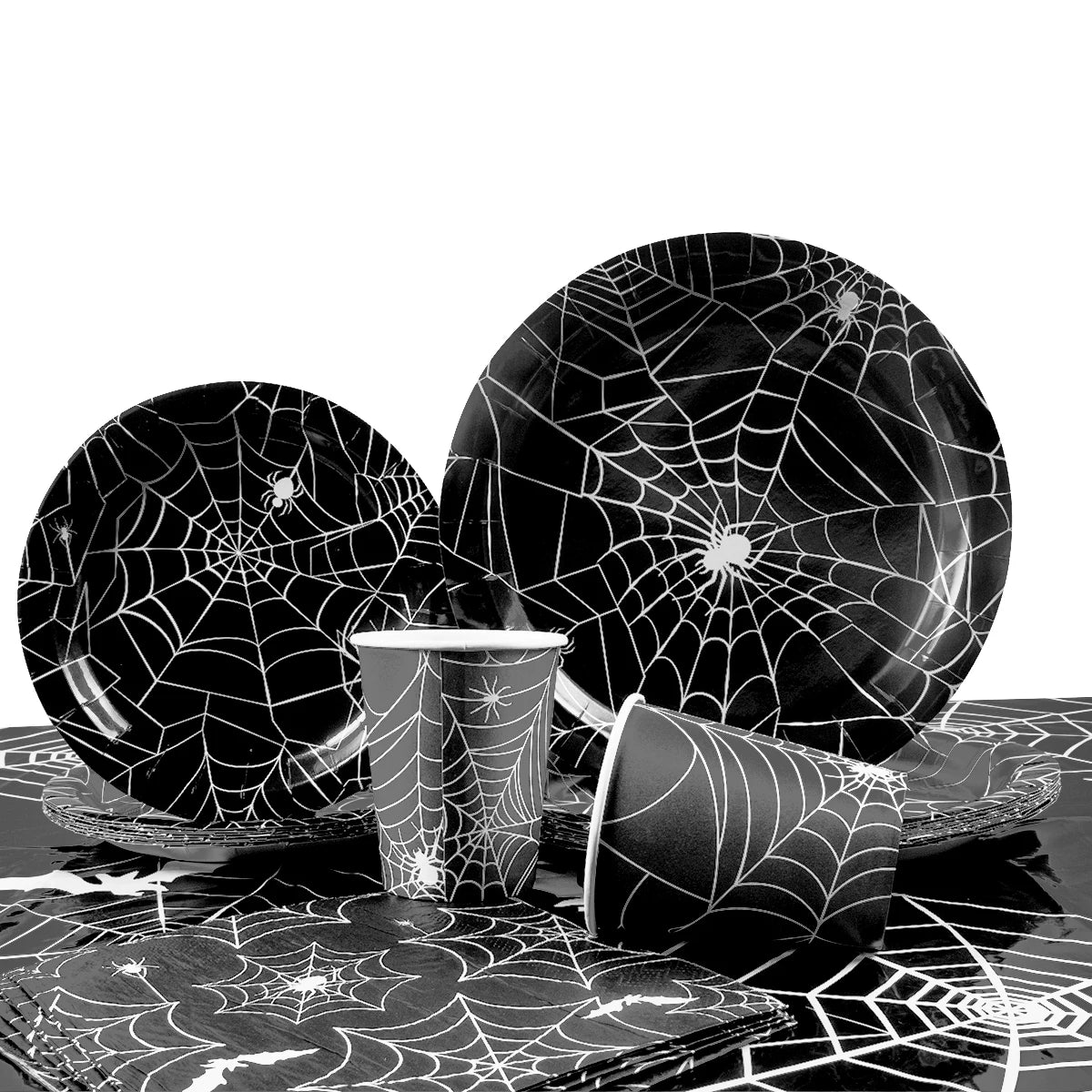 Halloween Party Spider Web Disposable Tableware Black Paper Plates Cups Napkins Halloween Party Home Decorations Supplies Good Vibrations
