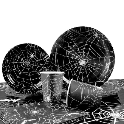 Halloween Party Spider Web Disposable Tableware Black Paper Plates Cups Napkins Halloween Party Home Decorations Supplies Good Vibrations