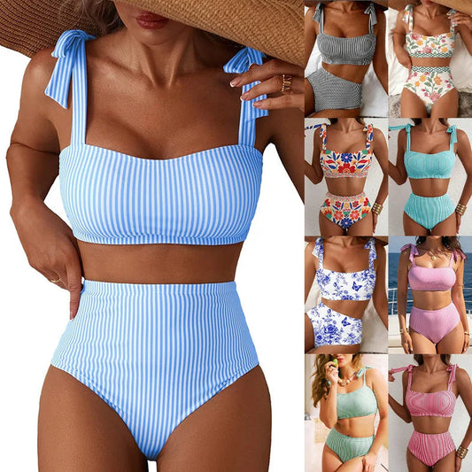 Women Two-piece Halter Vest Swimwear Sexy Striped Ruffle High Waisted Bikinis Set Female Bathing Suit Tie Strap Beachwear Good Vibrations