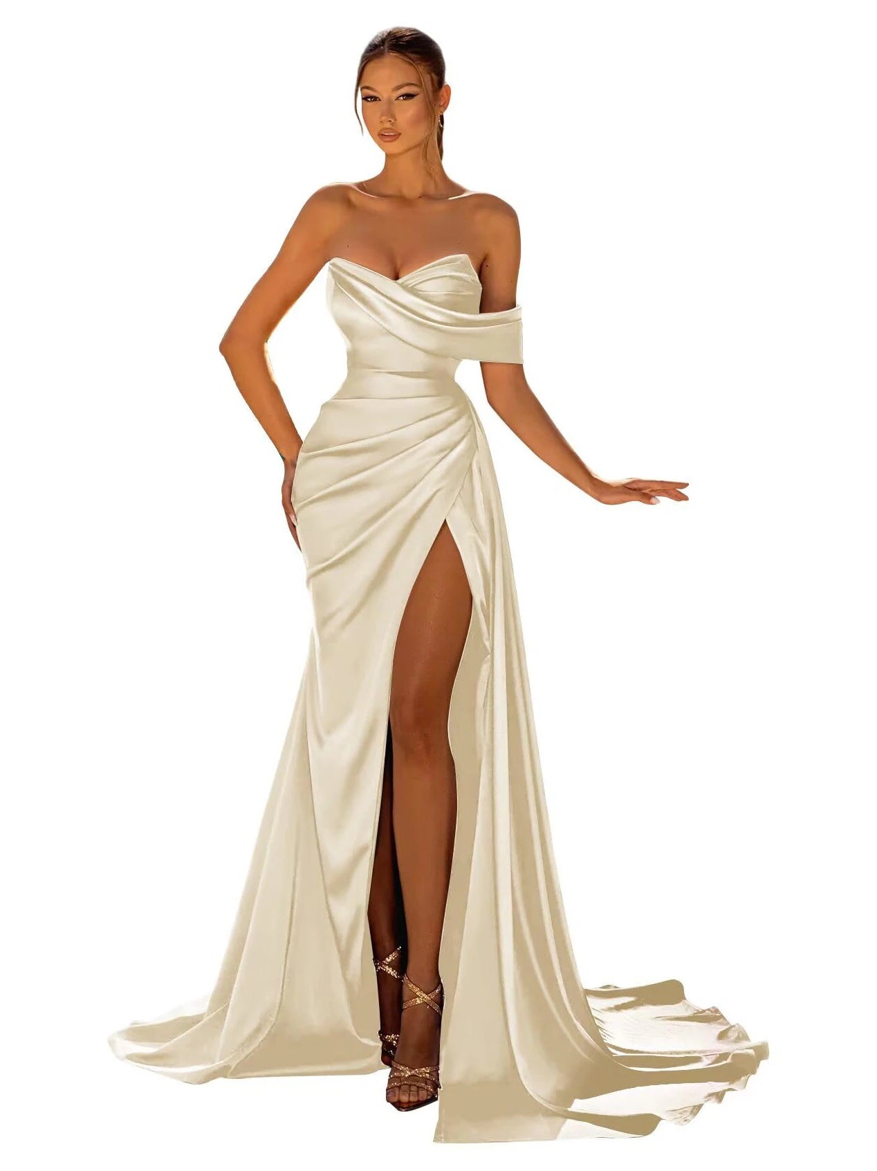 Long Mermaid Prom Dresses Satin with Slit Strapless Sweep Train Cocktail Party Formal Evening Gown robe de soiree Good Vibrations