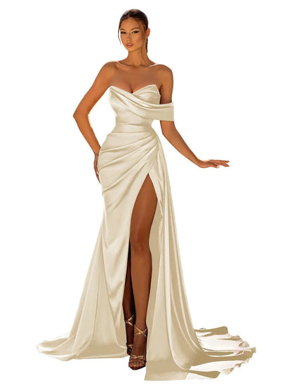 Long Mermaid Prom Dresses Satin with Slit Strapless Sweep Train Cocktail Party Formal Evening Gown robe de soiree Good Vibrations