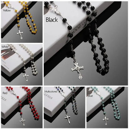 Fashion Vintage Cross Necklace Rosary Beads Chain Jesus Crucifix Virgin Mary Pendant Chain Jewelry Necklace Good Vibrations