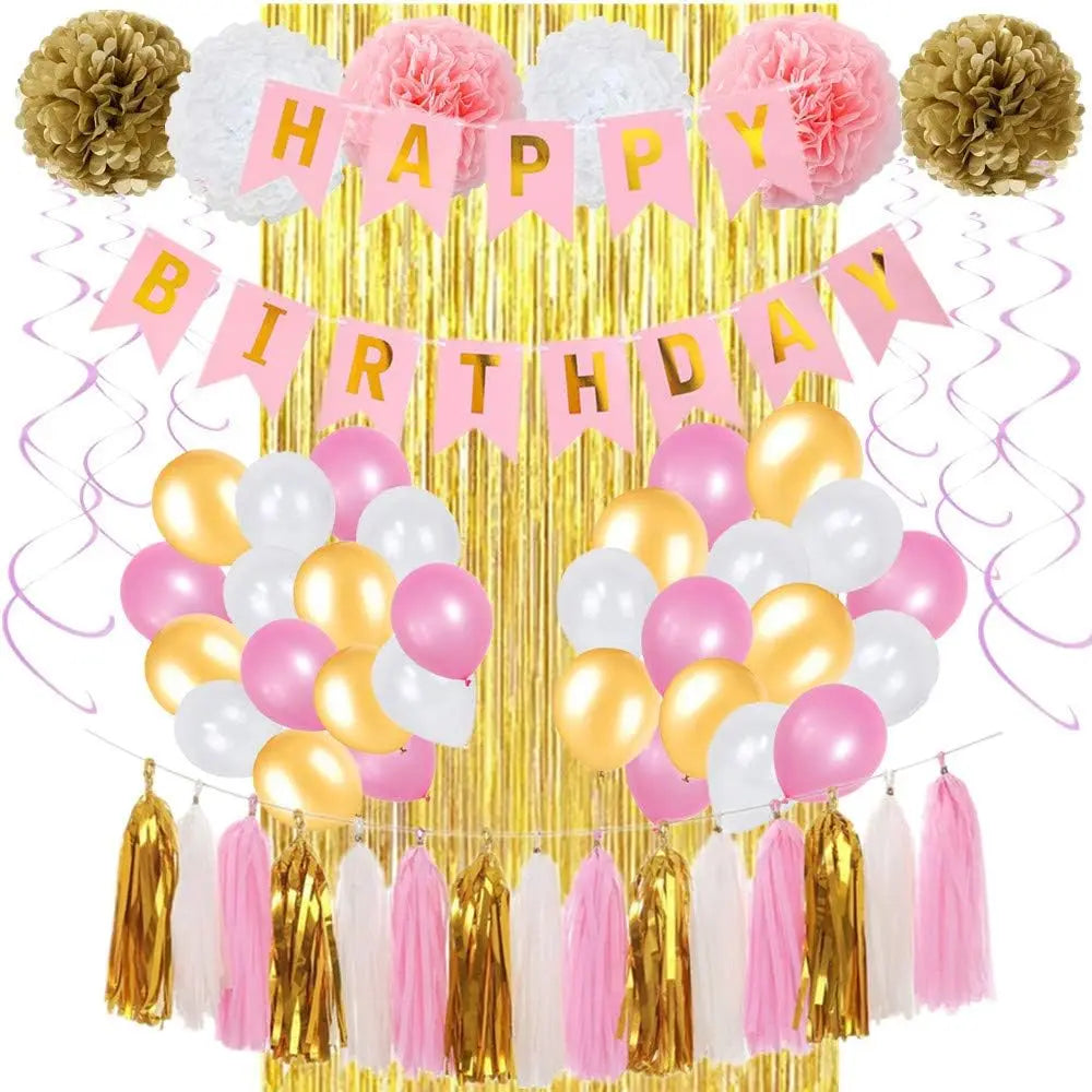 Happy Birthday Banners,Foil Curtain,Pom Poms Flowers,Hanging Swirls,Tissue Paper Balloon For Girls Birthday And Baby Birthday Good Vibrations