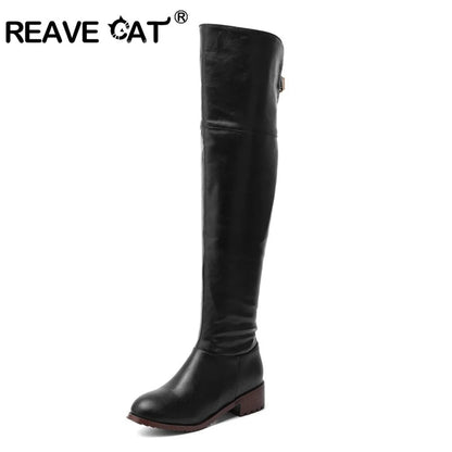 REAVE CAT Women leather boots Over The Knee Boots heels long boots black Lady shoes high quality Good Vibrations