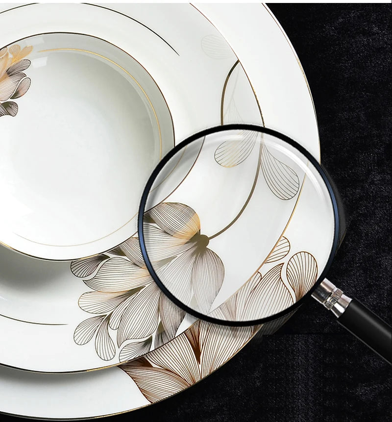 46pcs set, find bone china dinnerware set, gold leaf design, pocelain korean kitchen, christmas plate set, gold dinner plate set Good Vibrations