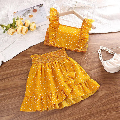 Girls' Clothing Set 5-12T Tri-Color Optional Flying Sleeve Square Collar Vest Top + Lace Skirts  Children Girls Baby Clothes Set Good Vibrations