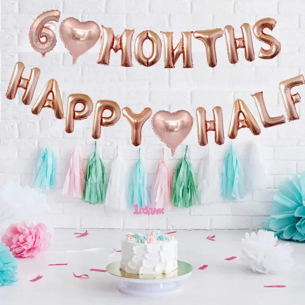 6 Months Happy Half Year Foil Balloons Banner 1/2 Birthday Hat Cap Crown for Baby Shower Boy Girl Birthday Party Decoration Good Vibrations
