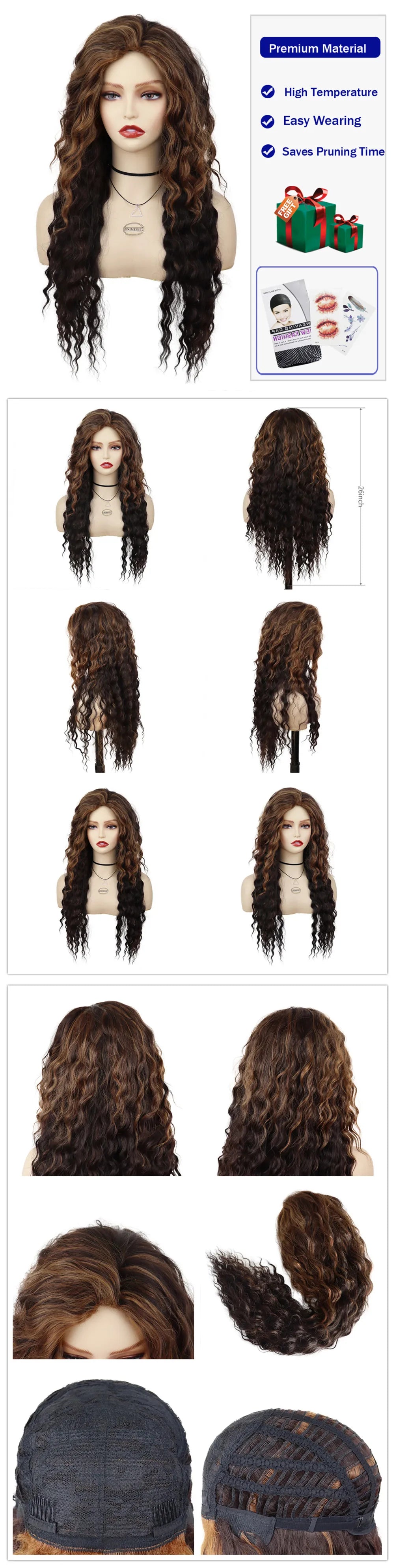 GNIMEGIL Synthetic Long Wave Cur Wigs Female Natural Brown Wig with Clip Free Part Side Bangs 80s Curly Wigs for Women Ombre Wig Good Vibrations
