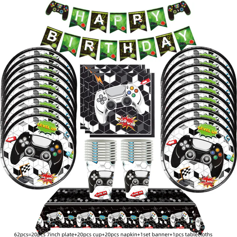 Video Game Party Supplies Set Birthday Decorations Happy Birthday Gaming Backdrop Game On Table Covers Gamer Banner Balloons Good Vibrations