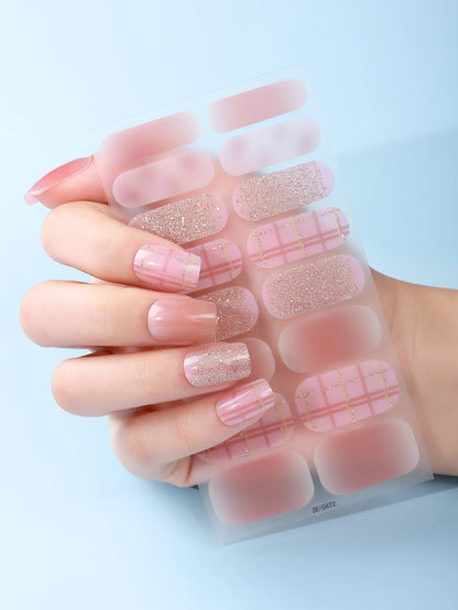 16Tips DIY Baking-Free Nail Stickers Shiny French Stripes Nail Patch Full Cover Adhesive Nail Wraps Manicures Decoration Decal Good Vibrations