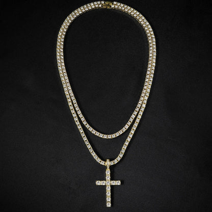 Hip Hop Iced Out Cross Pendant Necklace Strap 4mm Zircon Tennis Chain Men Women Sparkling Necklace Punk Jewelry Fashion Gift Good Vibrations