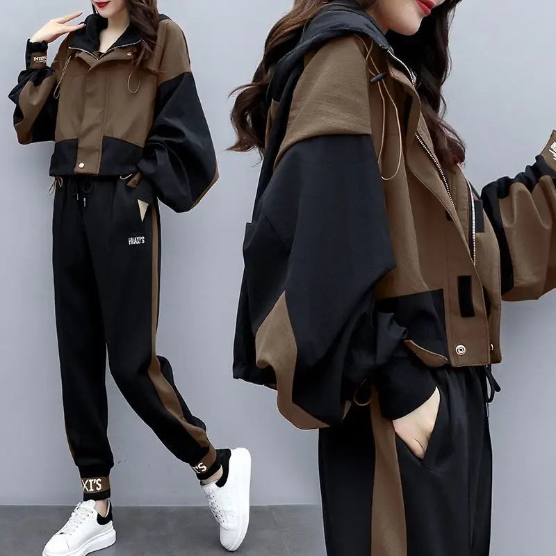 JOEVILU 2PCS Casual Tracksuit Loose Jacket Track Pants 2 Piece Sets Women's Outfits Spring/Autumn Korean Streetwear Leisure Suit Good Vibrations