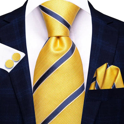 Hi-Tie Champagne Gold Striped Paisley Solid Men Silk Wedding Tie Fashion Design Necktie For Men Hanky Cufflink Business Party Good Vibrations