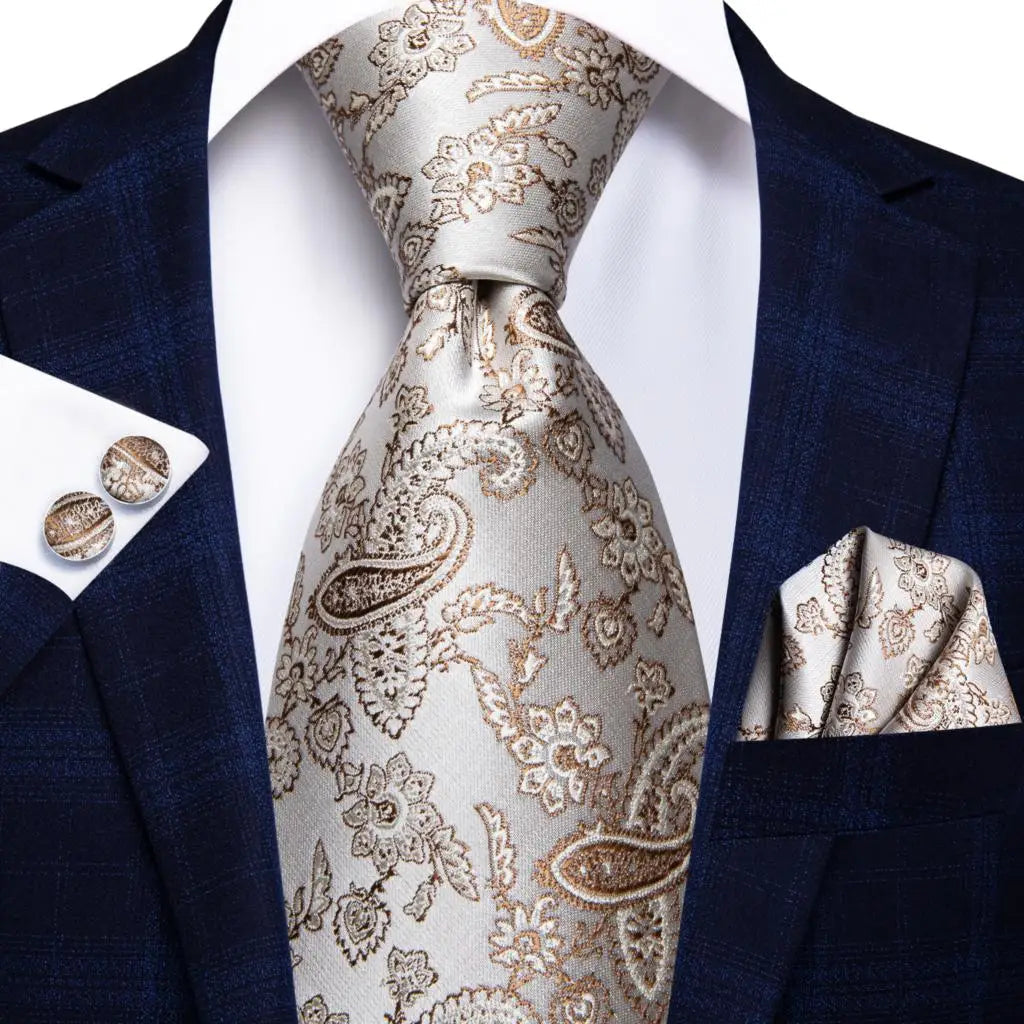 Hi-Tie Champagne Gold Striped Paisley Solid Men Silk Wedding Tie Fashion Design Necktie For Men Hanky Cufflink Business Party Good Vibrations