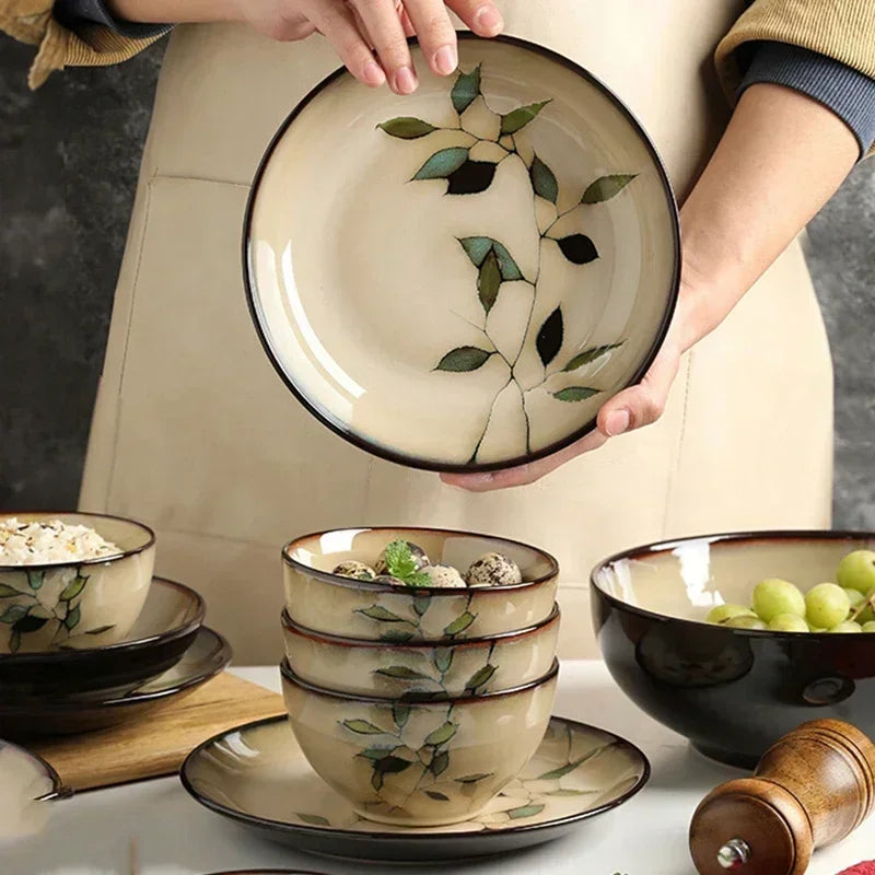 Creative Leaf Round Dinner Plate Retro Home Ramen Bowl Luxury Restaurant Delicious Dishes Ceramic Plates Exquisite Tableware Good Vibrations