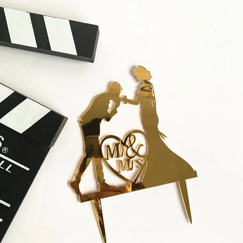 Mrs & Mrs Wedding Party Cake Topper Gold Black Ring Acrylic Wedding Cake Toppers Dessert Decoration Bride Groom Baking Supplies Good Vibrations
