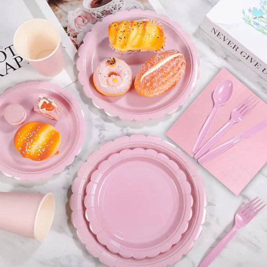Light Pink Lace Birthday Party Supplies Pink Disposable Dinnerware Paper Napkin Cup Plate Tablecloth  For Wedding Decoration Good Vibrations
