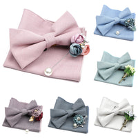 Mens Wedding Bowtie Brooch Set Romantic Solid Color Bamboo Fiber Bowknot Flower Lapel Pin Blue Pink Cravat Suit Shirt Accessory Good Vibrations