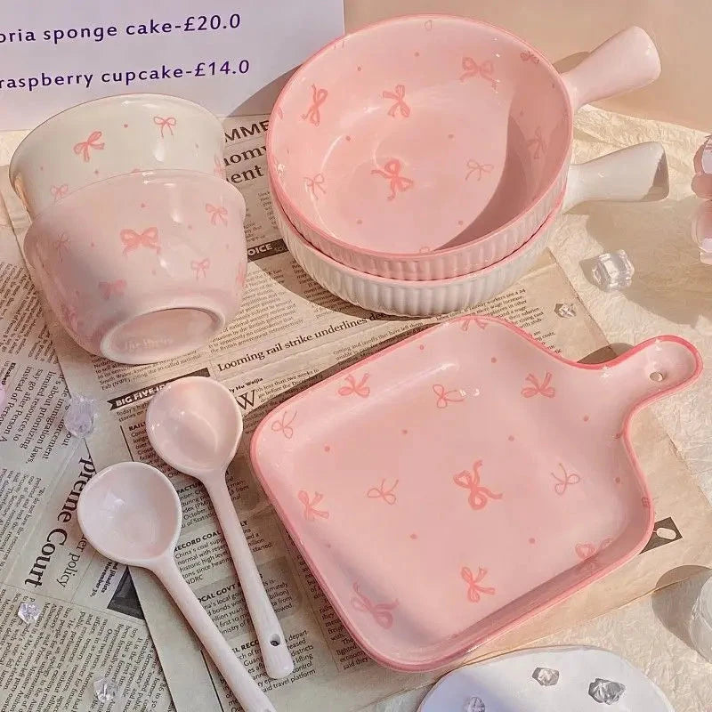 Pink Bow Ceramic Cutlery Set, Dessert Home Tableware Ceramic Handle Bowl Yogurt Cup High Value Breakfast Plate Drinkware Good Vibrations