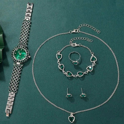 Women Fashion Watches Heart Rhinestone Ring Necklace Earring Jewelry Set Luxury Dress Quartz WristWatch Simple Elegant Watch Gif Good Vibrations Adult Super Store